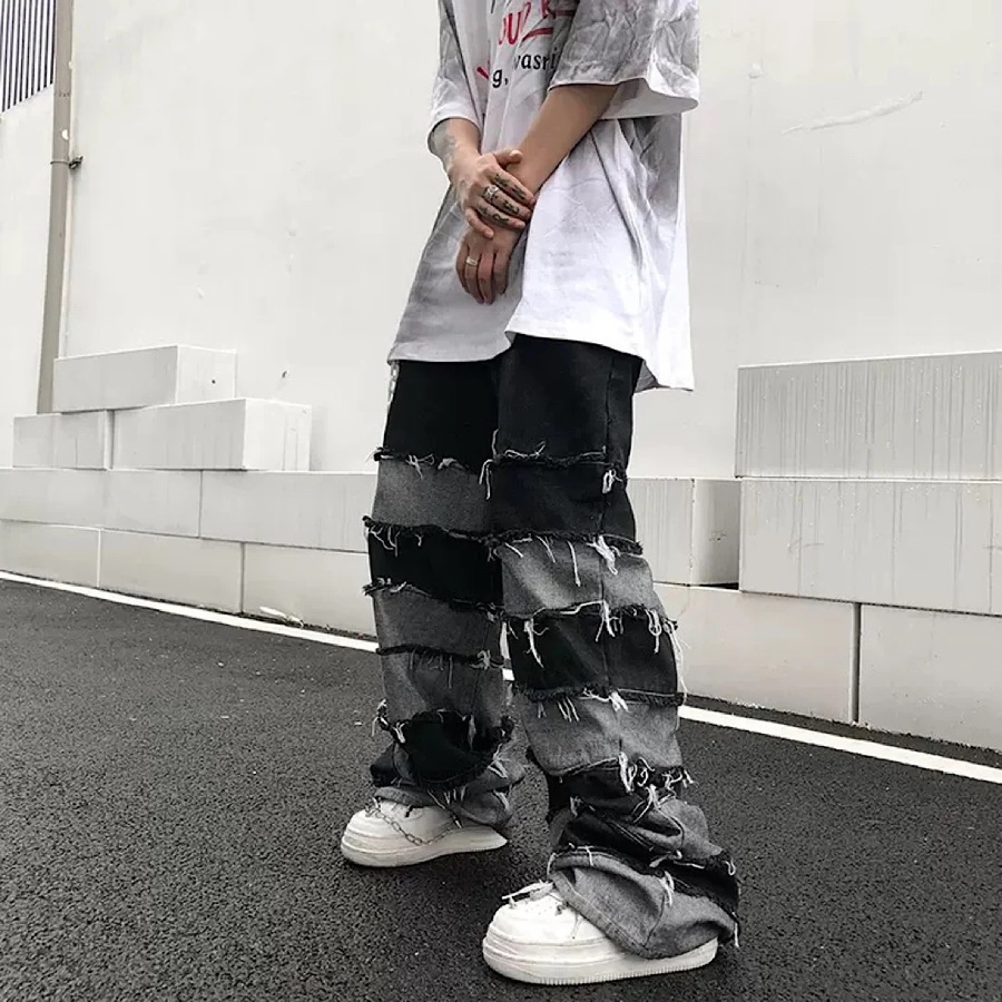 HI-LANDER patchwork frayed denim trousers